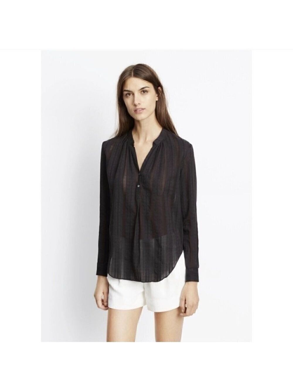 Vince | Shirred Neck Long Sleeve Blouse In Dobby Weave